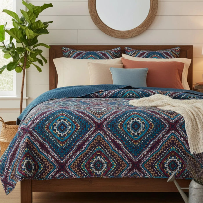 DaDa Bedding Farmhouse Bohemian Native Rustic Navy Blue Geometric Diamond Shapes Bedspread Set (KSX-001) by DaDalogy Bedding Collection