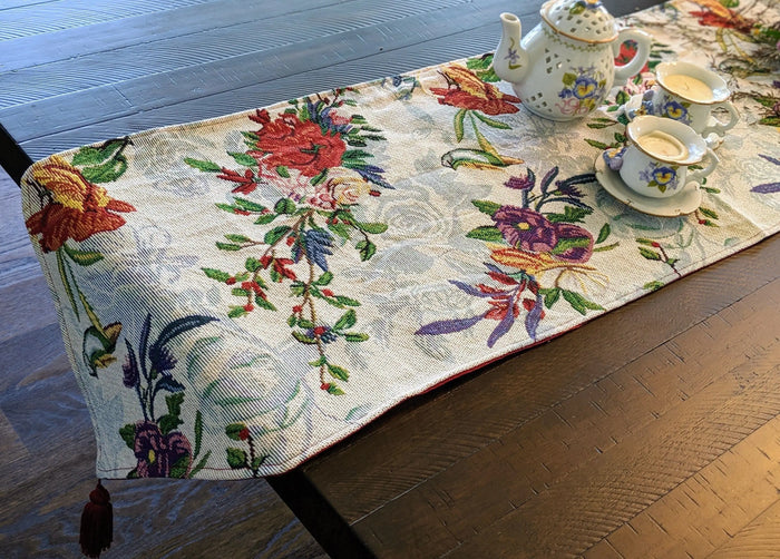 DaDa Bedding Floral Roses Tropical Paradise Birds Woven Tapestry Dining Table Runner (18116) by DaDalogy Bedding Collection