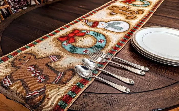 DaDa Bedding Gingerbread Snowman Holiday Woven Tapestry Dining Table Runner (12917) by DaDalogy Bedding Collection