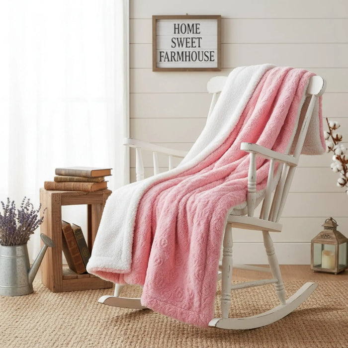 DaDa Bedding Luxury Blossom Pink Rose Buds Pink Sherpa Backside Faux Fur Throw Blanket (BL-171752) by DaDalogy Bedding Collection