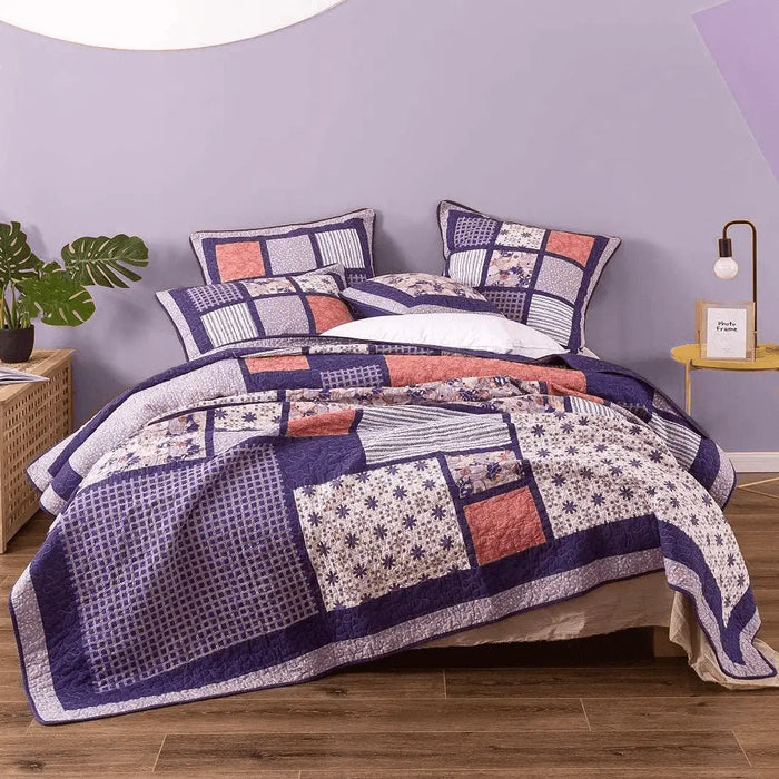 DaDa Bedding Peachy Pink Floral Blossoms Plum Purple Patchwork Quilted Bedspread Set - Designed in USA (JHW877) by DaDalogy Bedding Collection