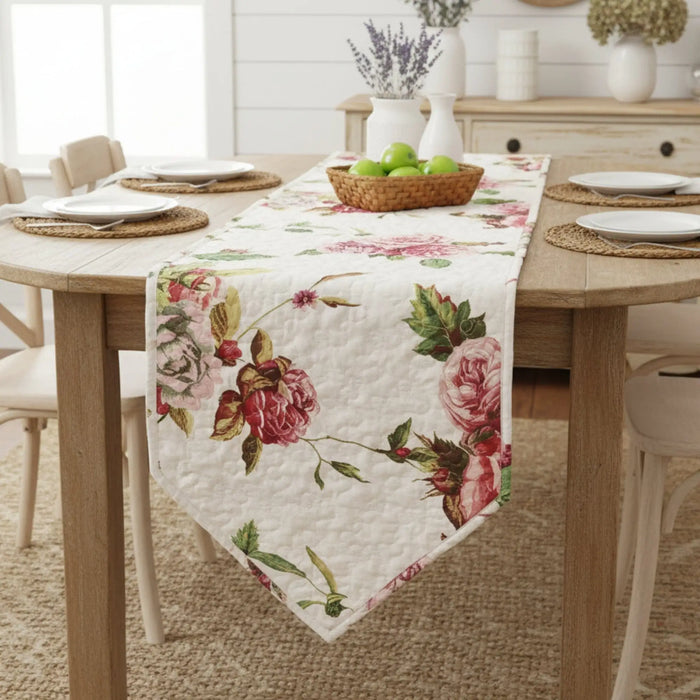 DaDa Bedding Romantic Roses Pink White Lovely Floral Quilted Dining Table Runner (879) by DaDalogy Bedding Collection