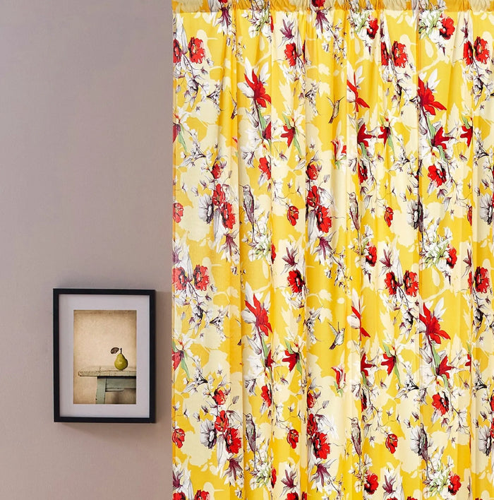 DaDa Bedding Set of 2 Radiant Sunshine Yellow Floral Window Curtain Panels - Natural Semi Sheer Hummingbirds Farmhouse Red Flowers Straight Tailored Edge by DaDalogy Bedding Collection