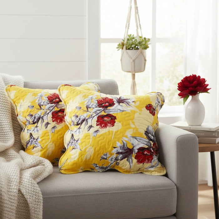 DaDa Bedding Set of 2 Sunshine Yellow Hummingbirds Floral Scalloped Throw Pillow Covers, 18" (JHW925) by DaDalogy Bedding Collection