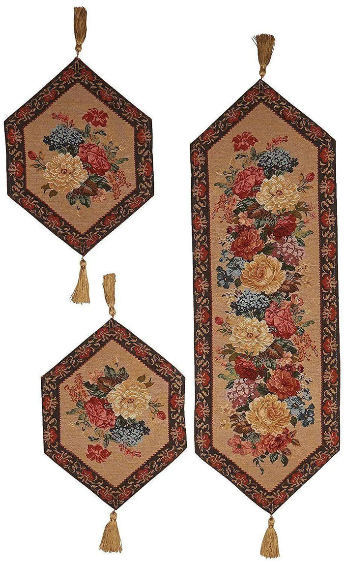 DaDa Bedding Set of 3-Pieces - Breath of Spring Floral Beige Woven Dining Tapestry Table Runners (3089) by DaDalogy Bedding Collection