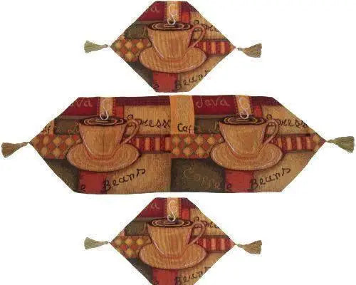 DaDa Bedding Set of 3-Pieces - Smell of Coffee Café Cup Orange Brown Woven Tapestry Dining Table Runners (9912) by DaDalogy Bedding Collection