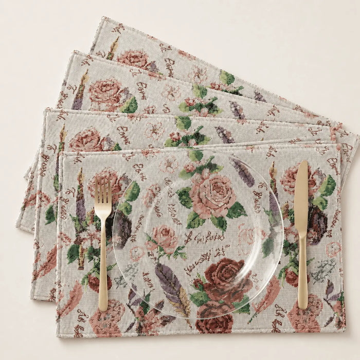 DaDa Bedding Set of 4-Pieces Sweet Love Notes Pink Floral Tapestry Dining Table Placemats 13” x 19” by DaDalogy Bedding Collection