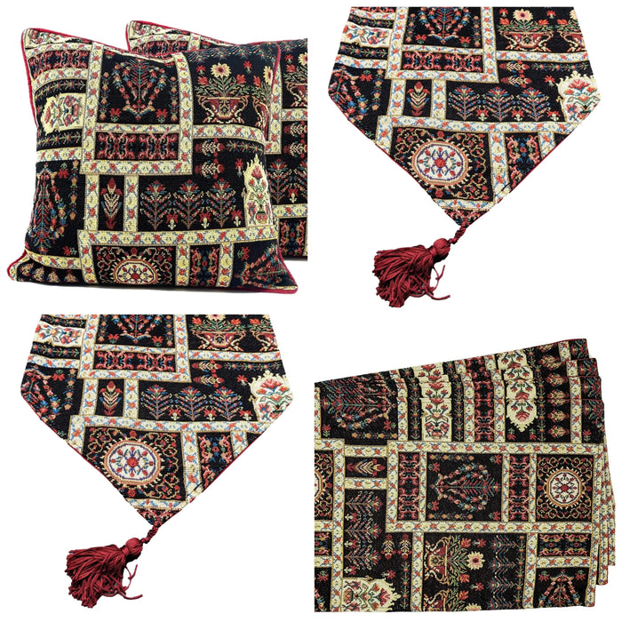 DaDa Bedding Set of 8 Pieces Dark Botanical Mughal Floral Table Woven Black Tapestry - 4 Placemats, 2 Table Runners, 2 Throw Pillow Covers (18197) by DaDalogy Bedding Collection