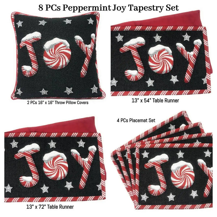 DaDa Bedding Set of 8 Pieces Peppermint Joy Holiday Table Tapestry - 4 Placemats, 2 Table Runners, 2 Throw Pillow Covers (12904) by DaDalogy Bedding Collection