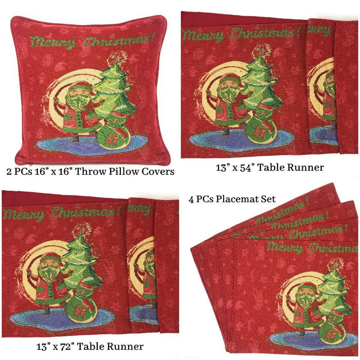 DaDa Bedding Set of 8 Pieces Red Santa Claus Holiday Table Tapestry - 4 Placemats, 2 Table Runners, 2 Throw Pillow Covers (17615) by DaDalogy Bedding Collection