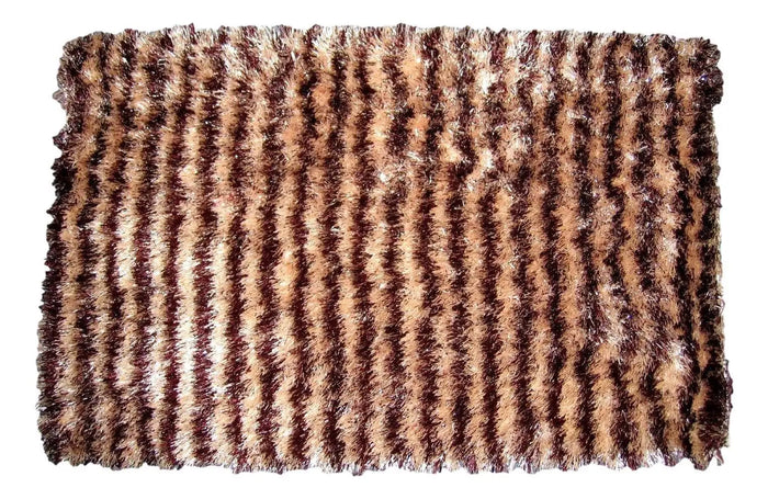 DaDa Bedding Shaggy Soft Door Mat Carpet Rug - 20" x 32" Striped Shiny Coffee Light Beige / Dark Brown by DaDalogy Bedding Collection