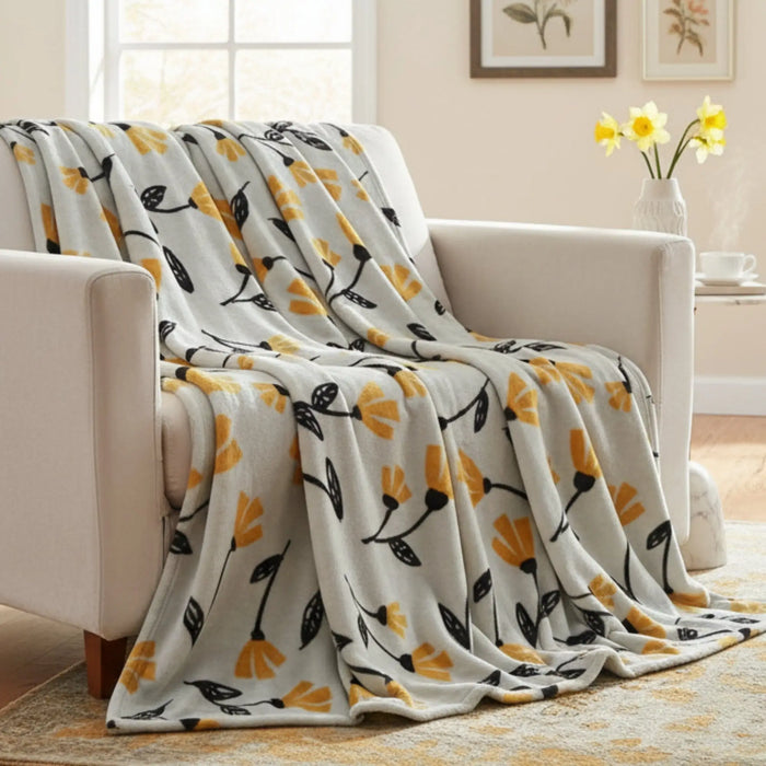 DaDa Bedding Soft Lightweight Fleece Throw Blanket, Yellow Fleur Floral Golden Orange Silver/Grey Background (XY1011) by DaDalogy Bedding Collection
