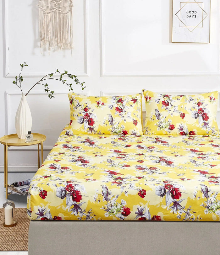DaDa Bedding Sunshine Yellow Hummingbirds Floral Fitted Bed Sheet w/ Pillow Cases (JHW-925) by DaDalogy Bedding Collection