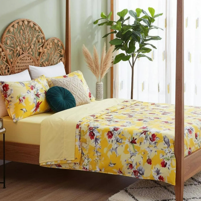 DaDa Bedding Sunshine Yellow Hummingbirds Floral Fitted & Flat Bed Sheets Set (JHW-925) by DaDalogy Bedding Collection