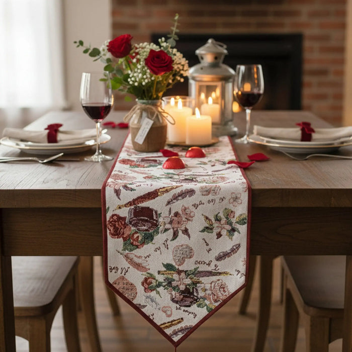 DaDa Bedding Sweet Heart Love Notes Pink Floral Woven Tapestry Dining Table Runner (18273) by DaDalogy Bedding Collection