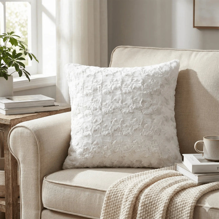 DaDa Bedding White Roses Faux Fur Pillow Cover by DaDalogy Bedding Collection