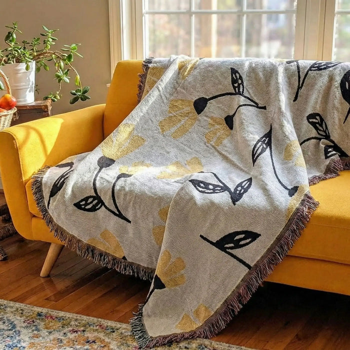 DaDa Bedding Yellow Fleur Botanical Sunshine Golden Floral Woven Tapestry Throw Blanket - 50” x 60” (18112) by DaDalogy Bedding Collection