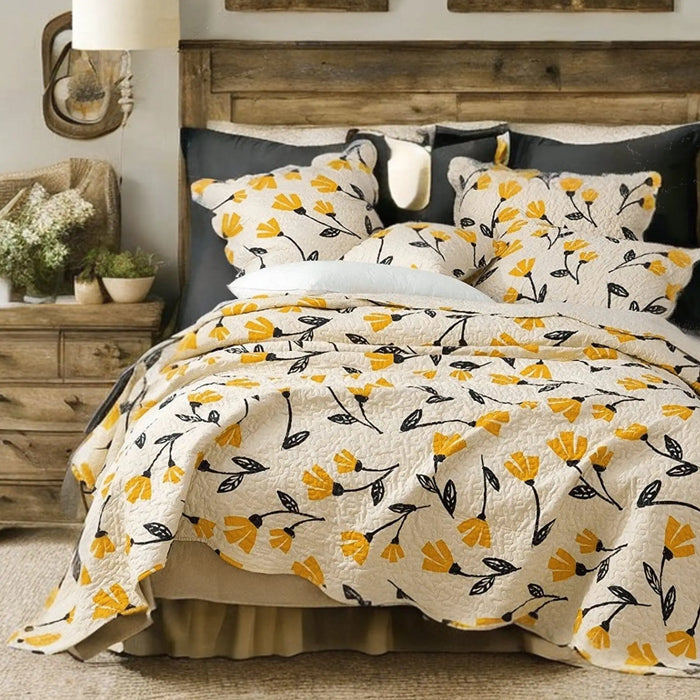 DaDa Bedding Yellow Fleur Floral Quilt Set - Ivory Gold Bedspread by DaDalogy Bedding Collection