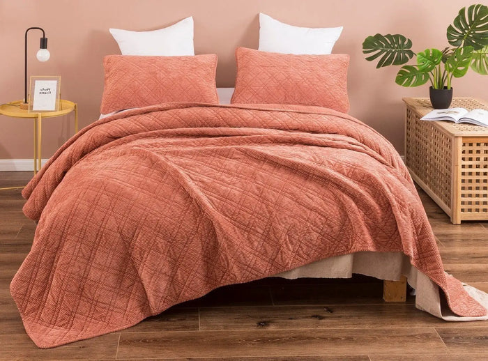 DaDalogy Bedding Terracotta Coral Brick Orange Soft Velour Corduroy Bedspread Set (JHW952) by DaDalogy Bedding Collection
