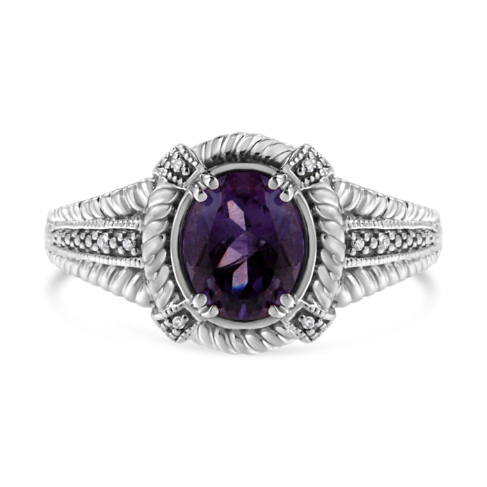 .925 Sterling Silver Prong Set Natural Oval Shape 9X7 MM Purple Amethyst Solitaire and Diamond Accent Ring (I-J Color, I1-I2 Clarity) - Ring Size 7 by Bids.com