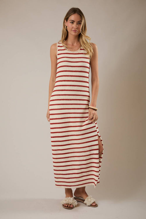 ROUND NECK SLEEVELESS SLIT STRIPE MAXI DRESS: CREAM-RED STRIPE by Boutique 23