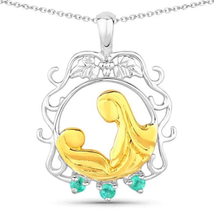 Round Green Emerald Prong Silver Pendant Necklace by Fine Color Jewels