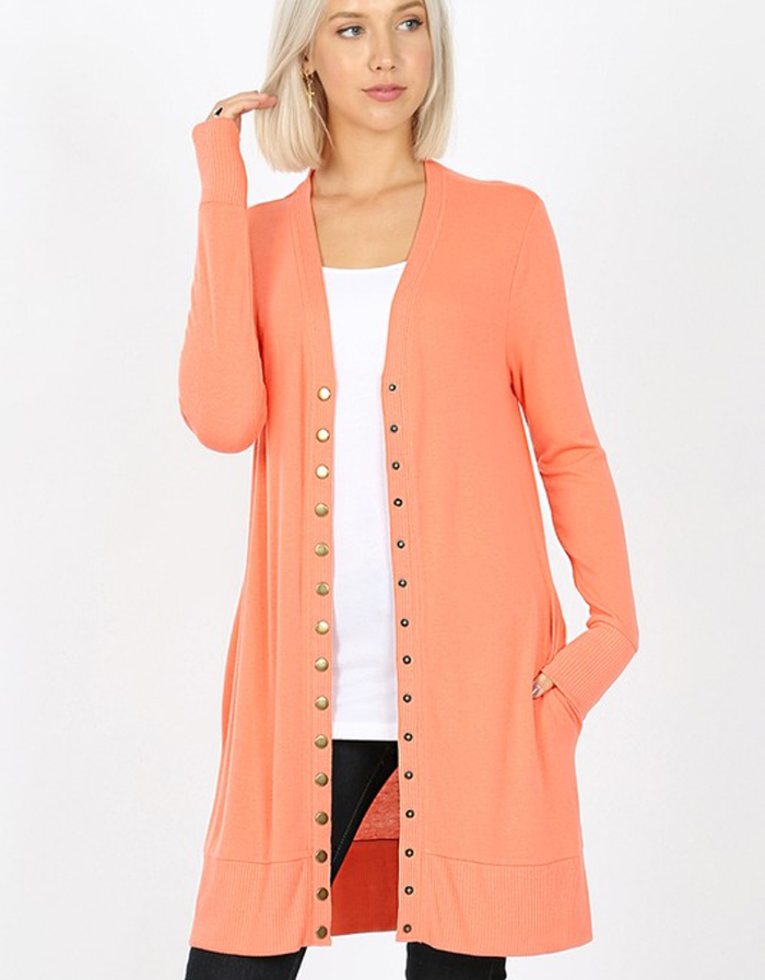 Full Sleeve Long Snap Cardigan - Deep Coral by Boutique 23