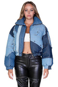 Denim Patch Cropped Puffer Jacket by The House of Stylez