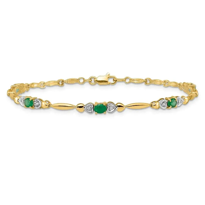 Diamond and Oval Emerald Heart 7 inch Bracelet Gold by Fine Color Jewels