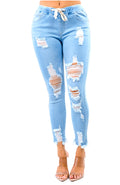 Light Denim Drawstring High Waisted Distressed Skinny Joggers by The House of Stylez