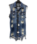 Long Distressed Denim Vest by The House of Stylez