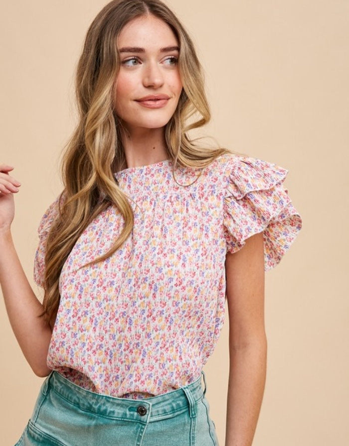 Ditsy Flower Printed Pleats Blouse - Ivory Multi by Boutique 23