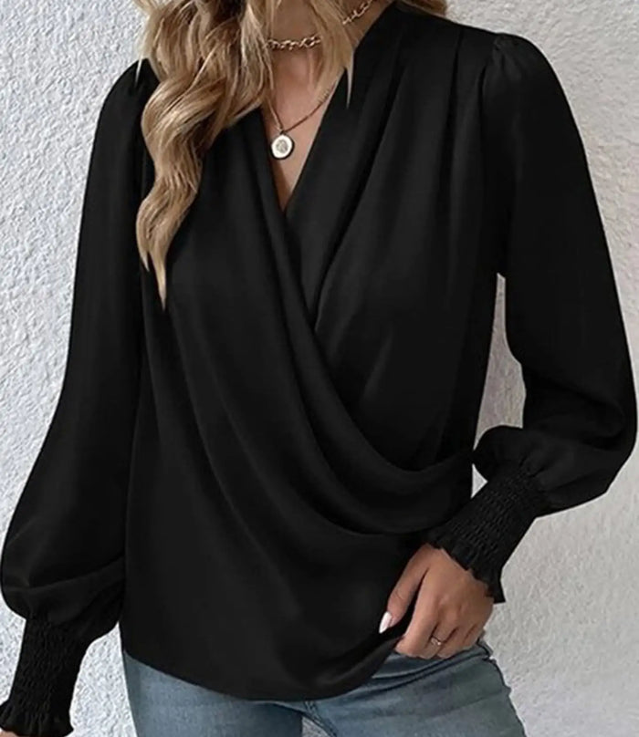 Drape V Neck Smocked Long Sleeve - Black by Boutique 23