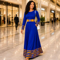 Duma Mbili Royal Blue Dashiki Trim Formal Long Sleeved Maxi Dress by Duma Mbili LLC