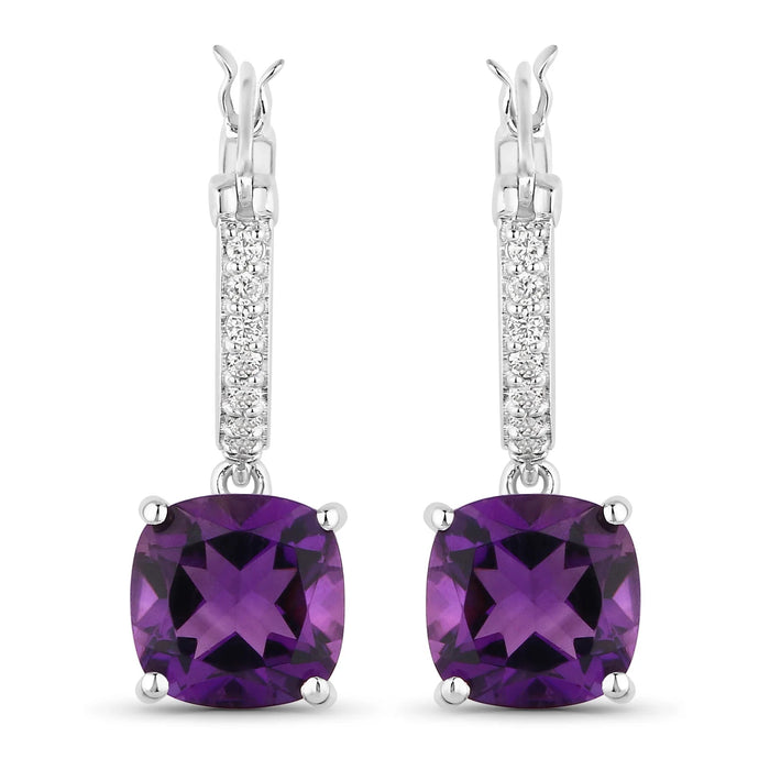 3.60 Ct Cushion Purple Amethyst & Lab Diamond Prong Rhodium Plated Silver Dangle Earrings by Fine Color Jewels