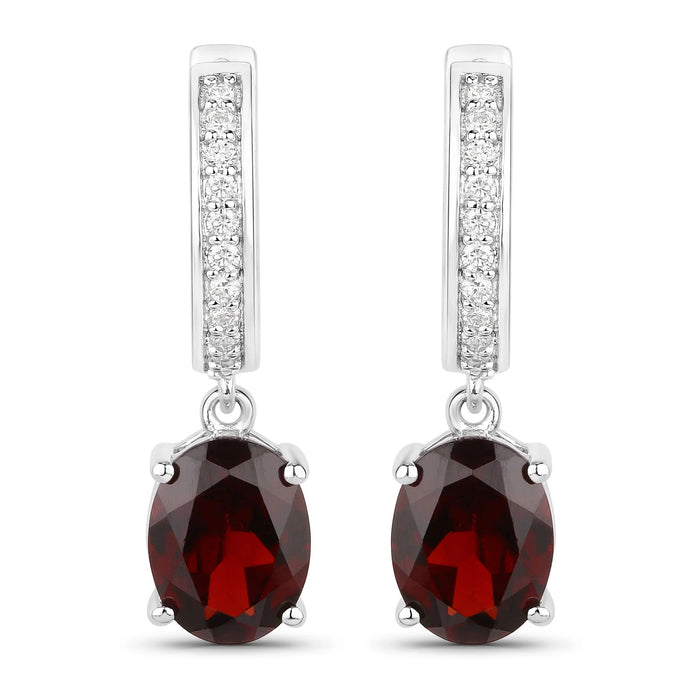 4.00 Ct Oval Red Garnet & Lab Diamond Prong Rhodium Plated Silver Dangle Earrings by Fine Color Jewels