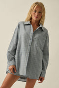 Plaid Textured Seersucker Oversize Button-Up Pocket Shirt: Chambray by Boutique 23