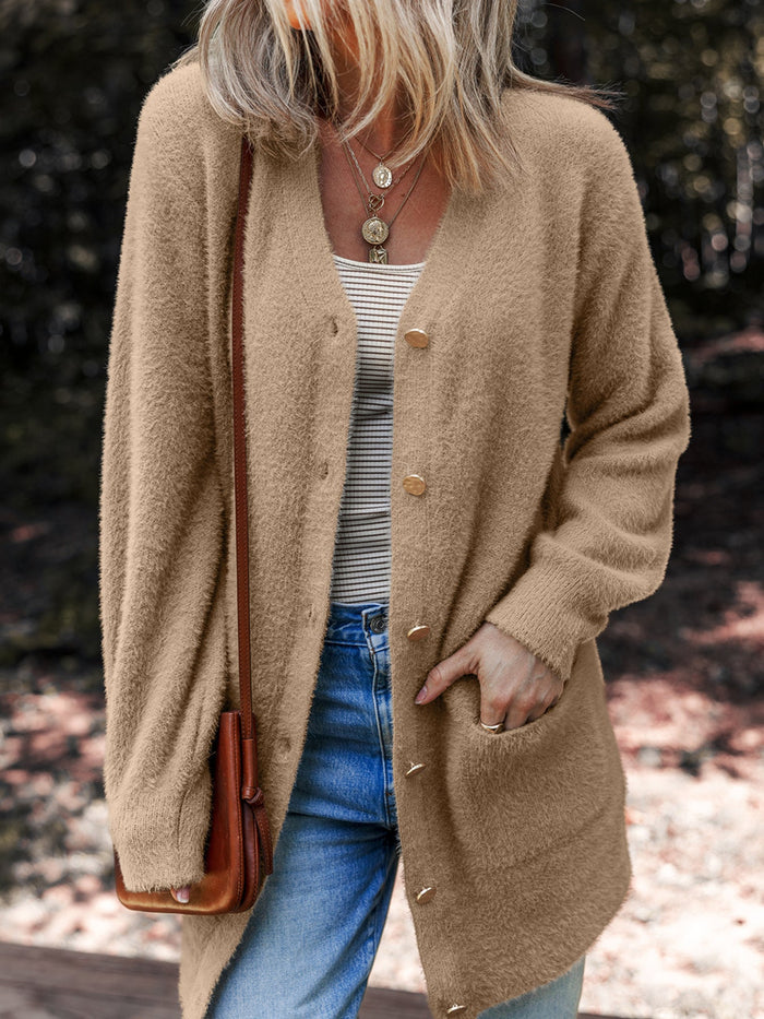 Fuzzy Buttoned Cardigan w/ Pockets - Camel by Boutique 23