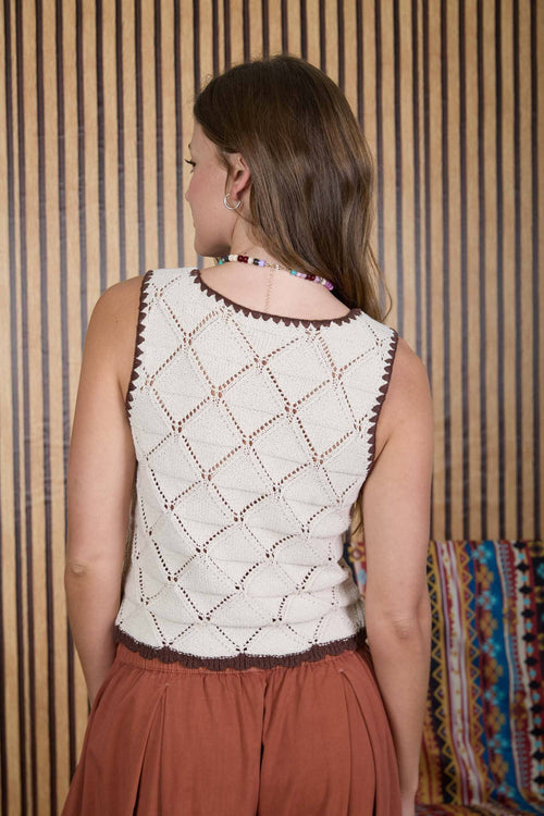CONTRAST STITCH CROCHET KNIT FRONT TIE VEST by Boutique 23