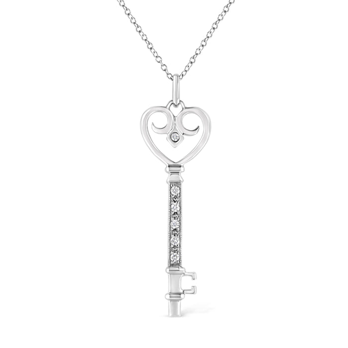 .925 Sterling Silver Pave and Bezel-Set Diamond Accent Key 18" Heart and Lock Pendant Necklace (K-L Color, I1-I2 Clarity) by Bids.com