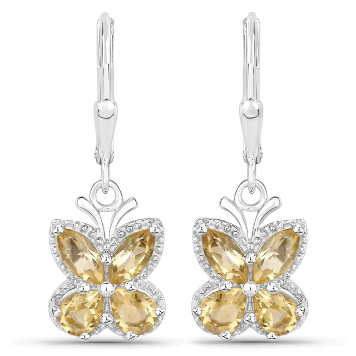 2.16 Ct Yellow Citrine Prong Silver Butterfly Leverback Earrings by Fine Color Jewels