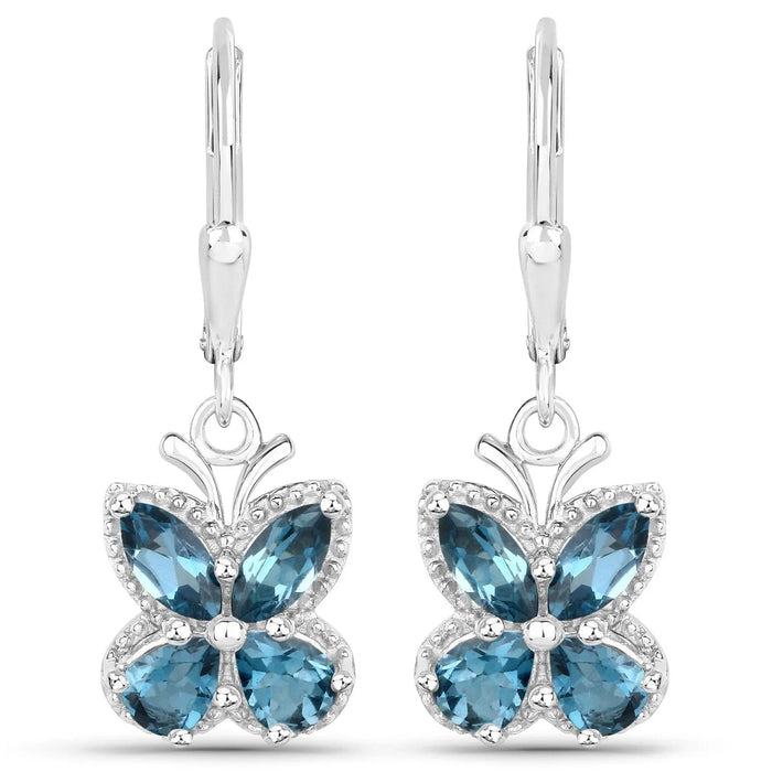 2.32 Ct London Blue Topaz Prong Silver Butterfly Leverback Earrings by Fine Color Jewels
