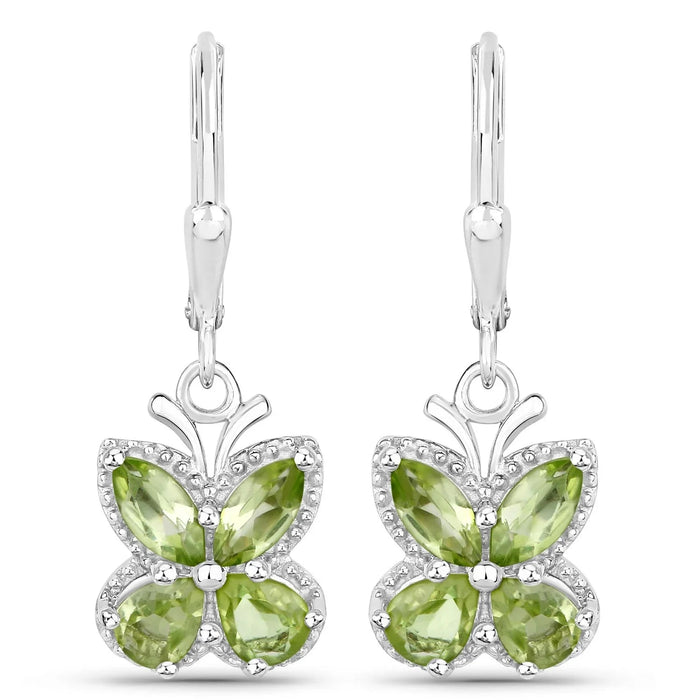 2.28 Ct Green Peridot Prong Silver Butterfly Leverback Earrings by Fine Color Jewels