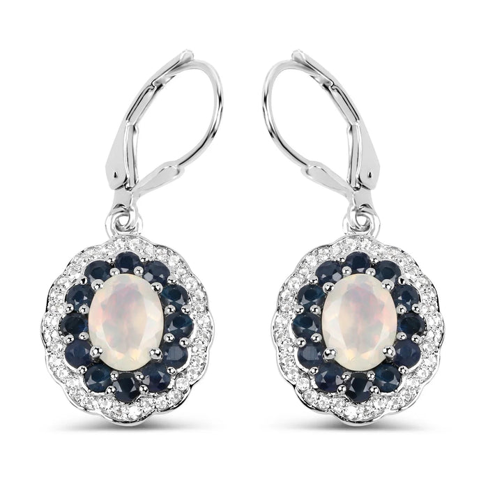 1.00 Ct Oval White Ethiopian Opal Prong Silver Floral Dangle Earrings by Fine Color Jewels