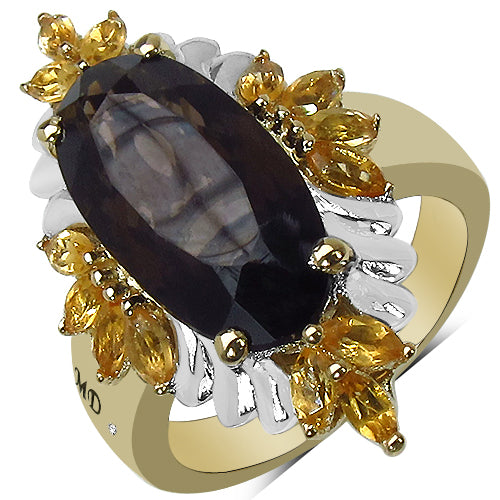14K Yellow Gold Plated 7.07 Carat Genuine Smoky Quartz, Citrine & White Diamond .925 Sterling Silver Ring by Bids.com