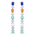 Oval Multi Stone Prong Sterling Silver Long Hanging Drop Earrings by Fine Color Jewels