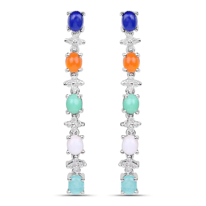 Oval Multi Stone Prong Sterling Silver Long Hanging Drop Earrings by Fine Color Jewels
