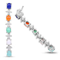Oval Multi Stone Prong Sterling Silver Long Hanging Drop Earrings by Fine Color Jewels
