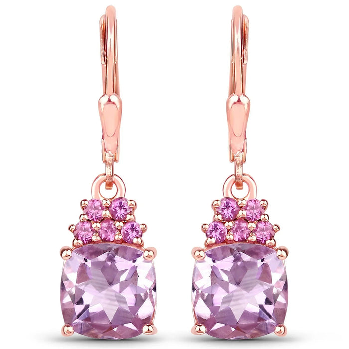 4.40 Ct Cushion Pink Amethyst Prong 18K Rose Gold Plated Silver Dangle Earrings by Fine Color Jewels
