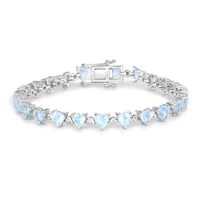 Heart Blue Topaz & Diamond Prong Silver Tennis Bracelet by Fine Color Jewels